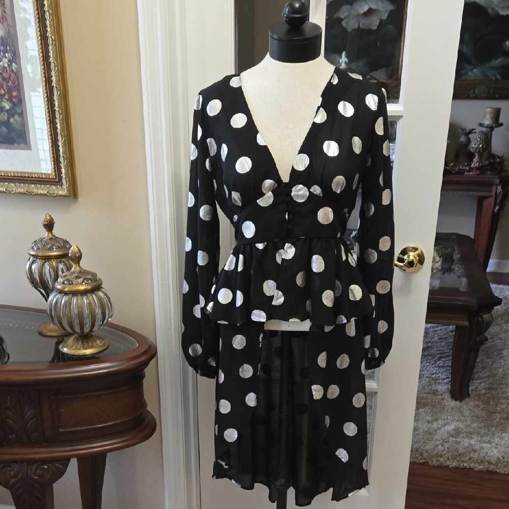 Truth Black Silver Polka Dot Semi Sheer Top Peplum Longer In Back INDIA SM EUC